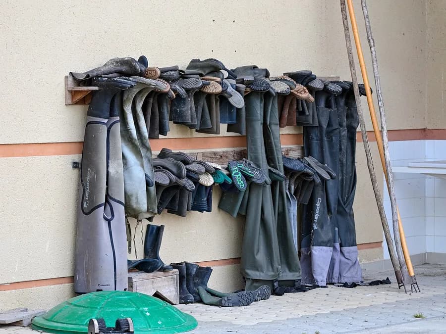 Várias botas de borracha expostas e penduradas