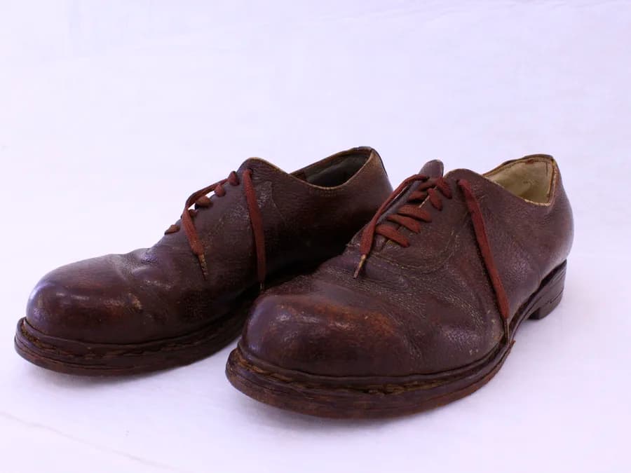 Par de sapatos sociais marrons fotografado em fundo claro