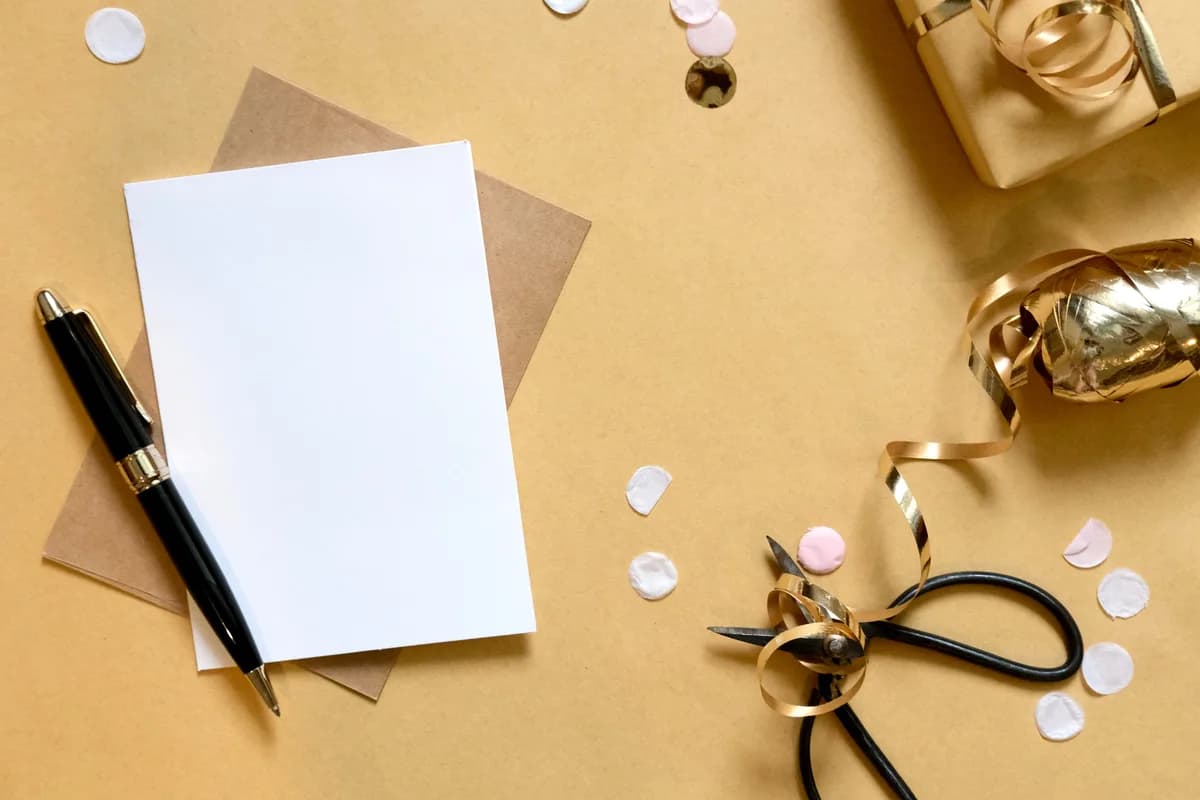 Cartões e papéis claros organizados sobre uma mesa de trabalho
