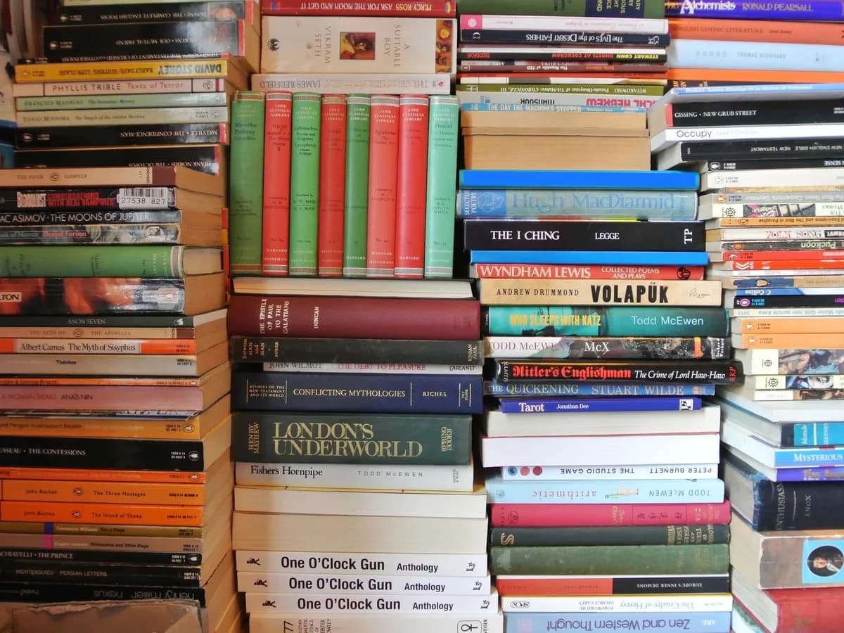 Pilha de livros de assuntos variados em diferentes cores