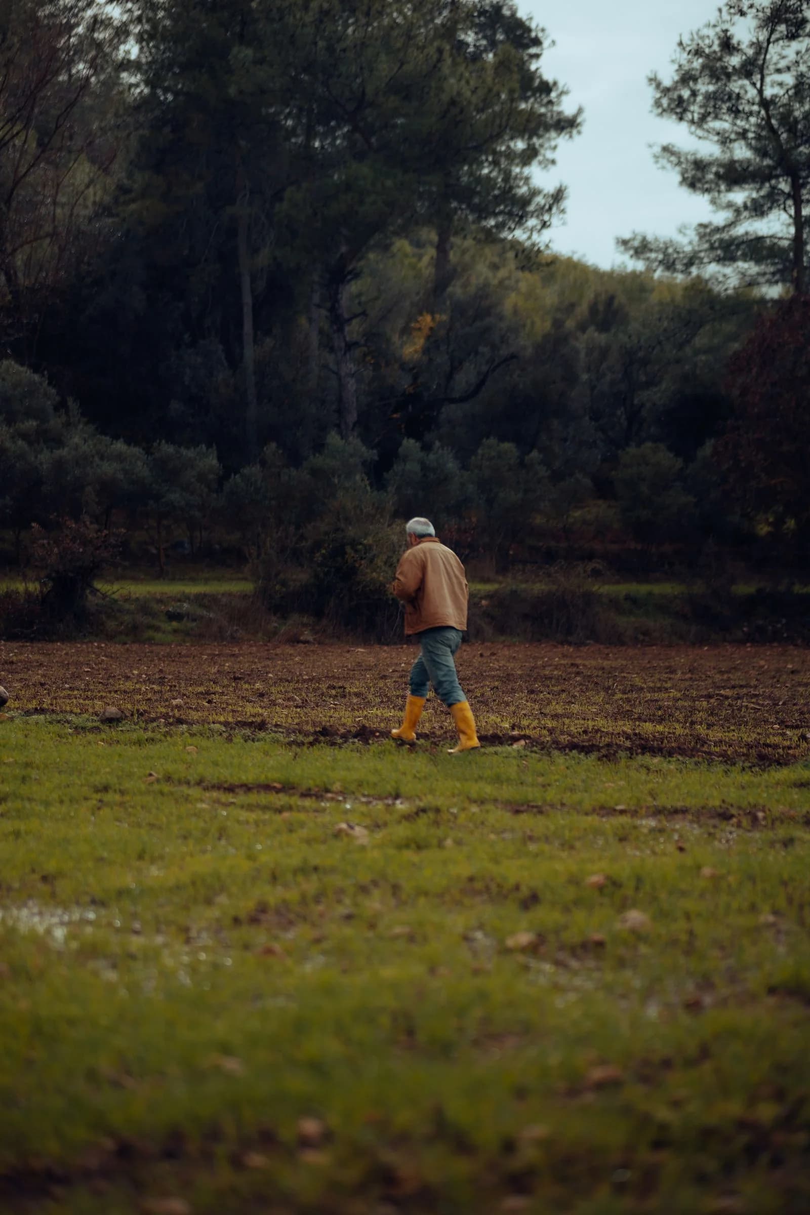 Pessoa usando botas de borracha em um campo úmido