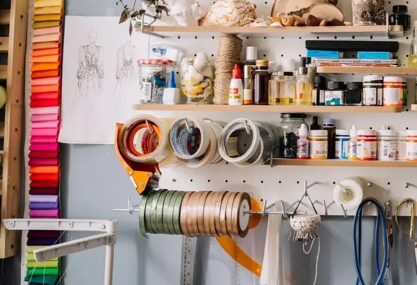 Prateleira de materiais de artesanato com fitas, tintas, pincéis e cordões