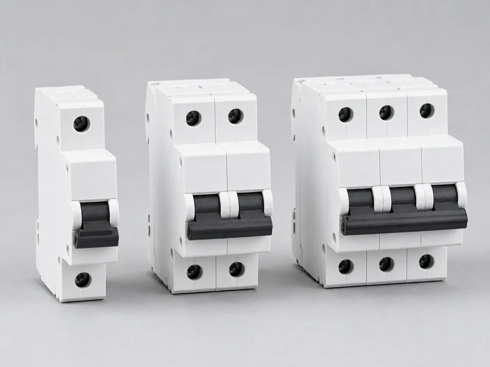 Família de disjuntores modulares fechados e sem inscrições visíveis