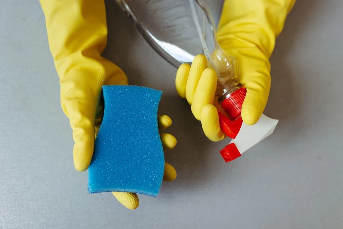 Luvas amarelas segurando uma esponja e um borrifador de limpeza sobre uma bancada