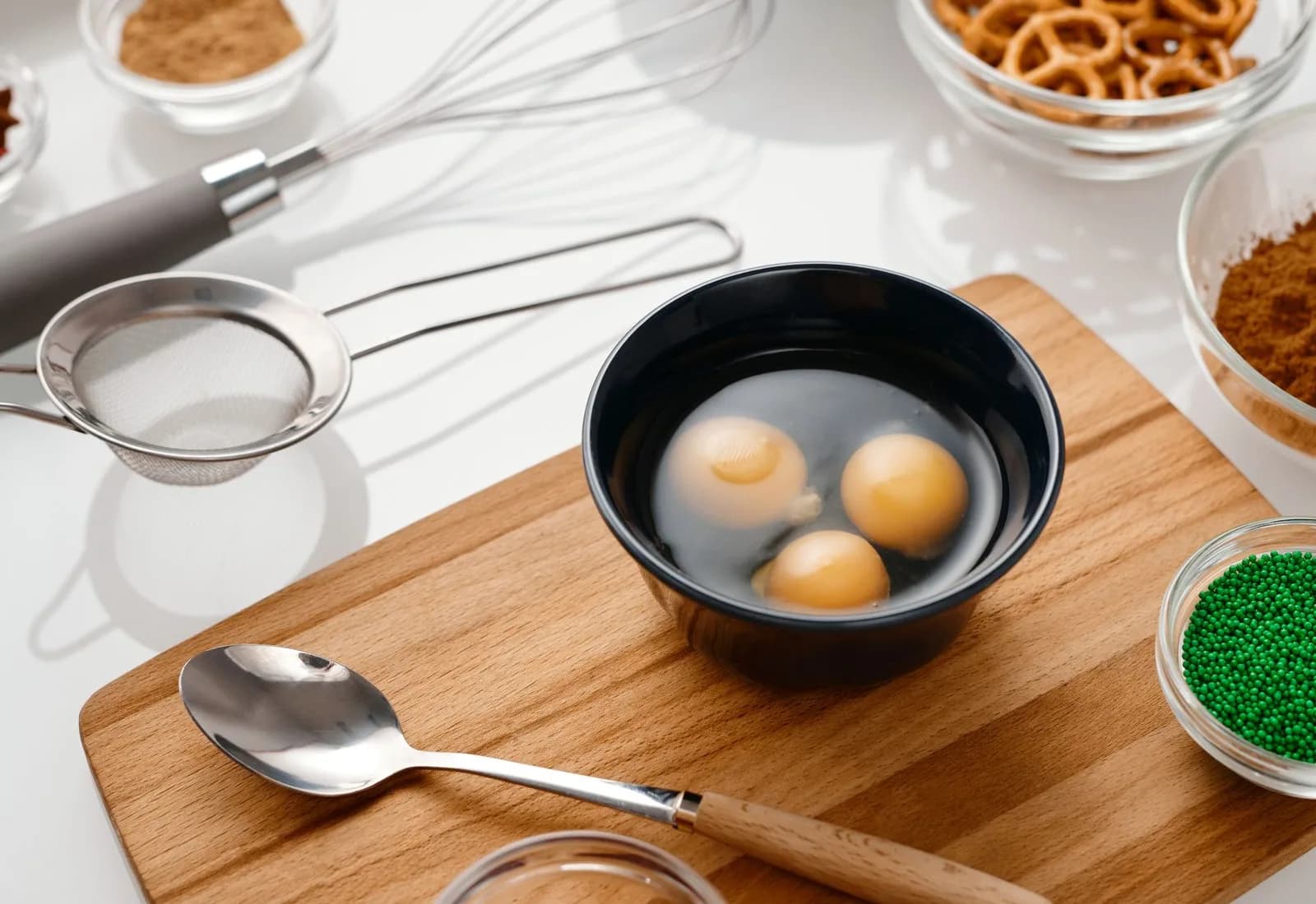 Ingredientes e utensílios de confeitaria organizados sobre uma bancada clara