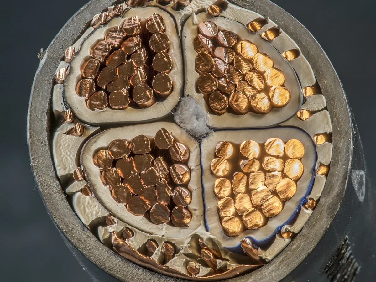 Seção de cabo de alimentação com condutores de cobre visíveis