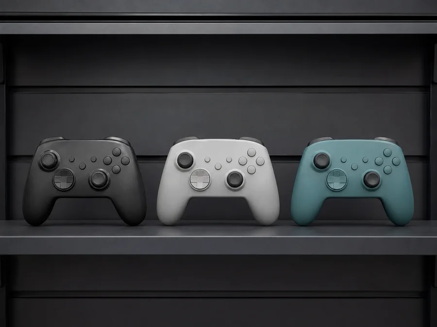 Controles de videogame de modelos e cores variados em prateleira