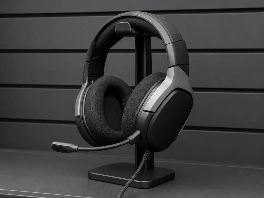 Headset gamer com fio apoiado sobre fundo neutro