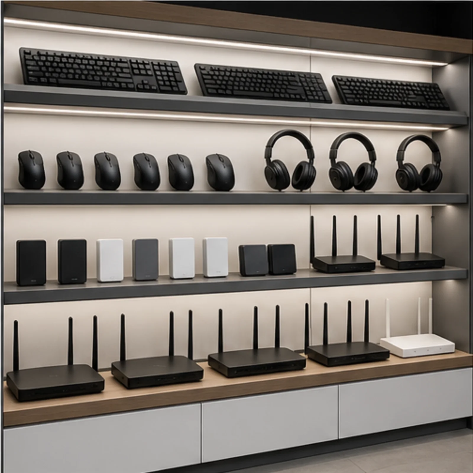 Exposição de loja de informática com mouses, teclados, headsets, armazenamento e roteadores