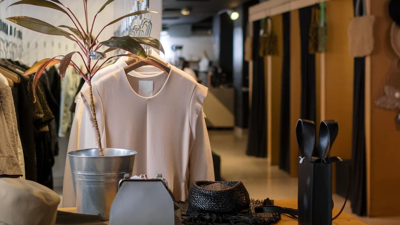 Interior de loja de moda com bolsas, chapéus e cintos expostos